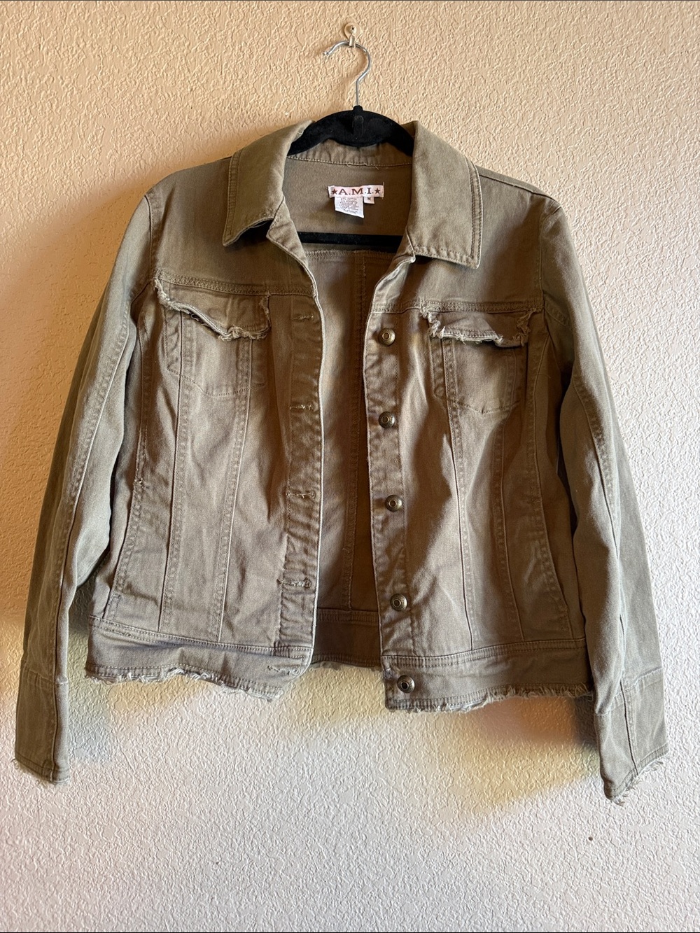 Ami Olive Green Frayed Hem Denim Jacket